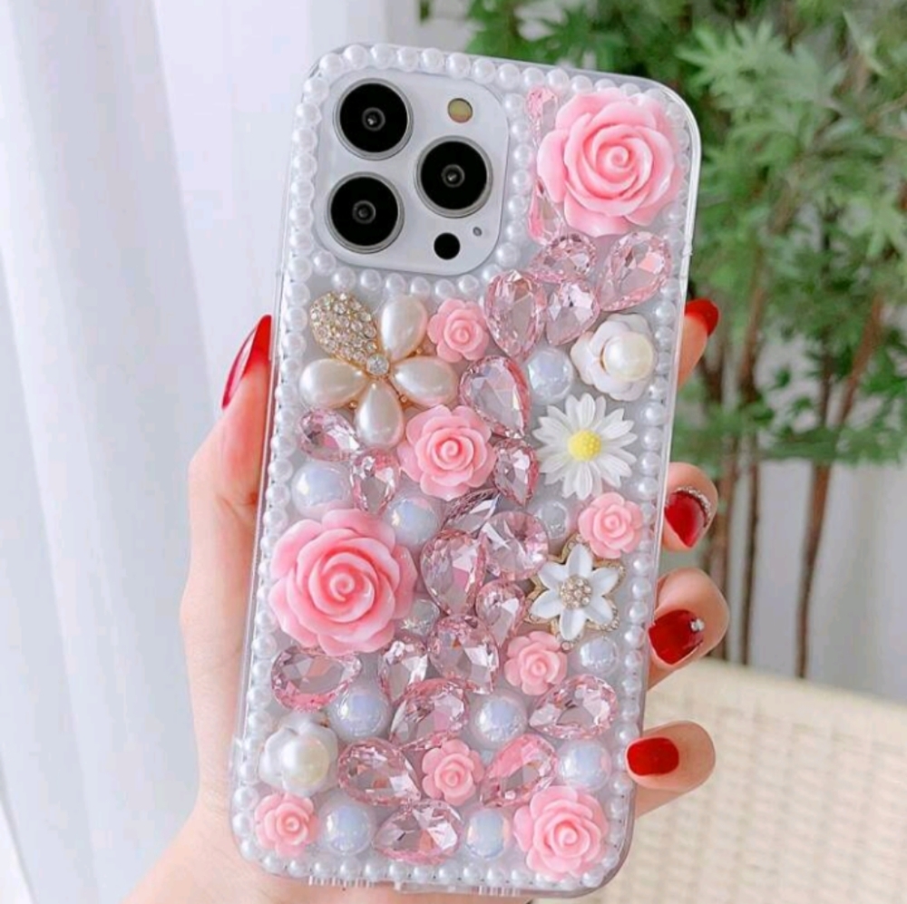 High-End Rhinestone Pearl Rose Flower Pattern iPhone 13 pro max Case
